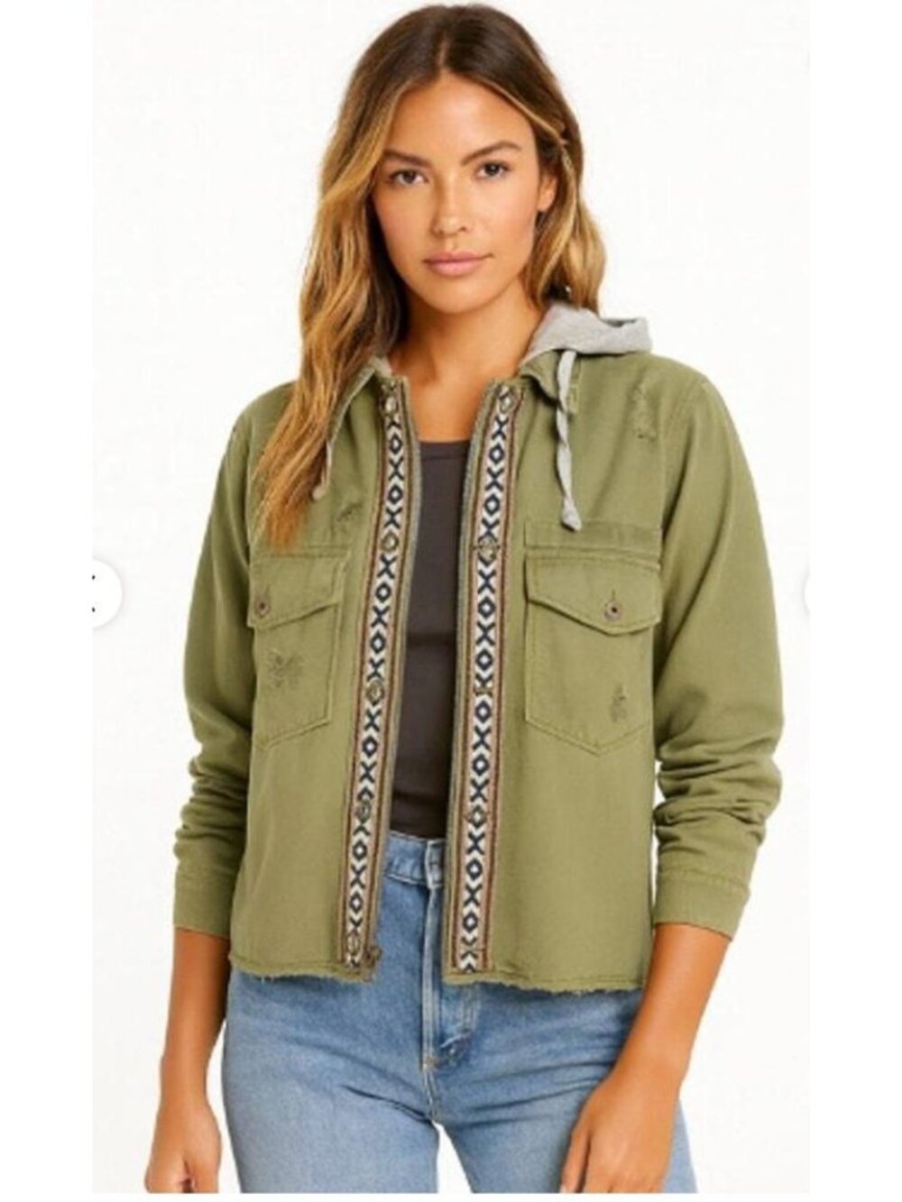 Free People Weekend Wanderer Hooded Distressed Green Cargo Jacket Size XS